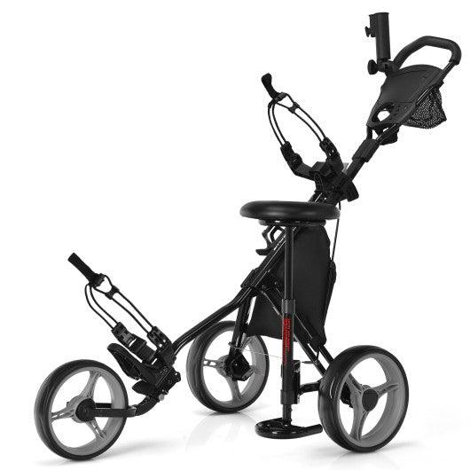 3 Wheels Folding Golf Push Cart with Seat Scoreboard and Adjustable Handle-Gray at Set Shop and Smile