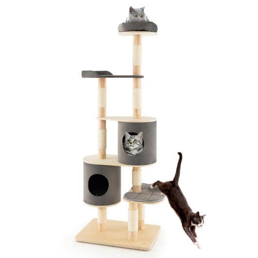 6-Tier Wooden Cat Tree with 2 Removeable Condos Platforms and Perch-Gray at Set Shop and Smile