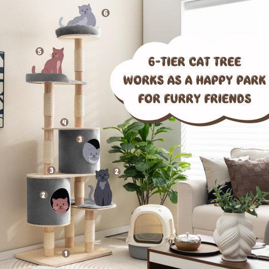 6-Tier Wooden Cat Tree with 2 Removeable Condos Platforms and Perch-Gray at Set Shop and Smile