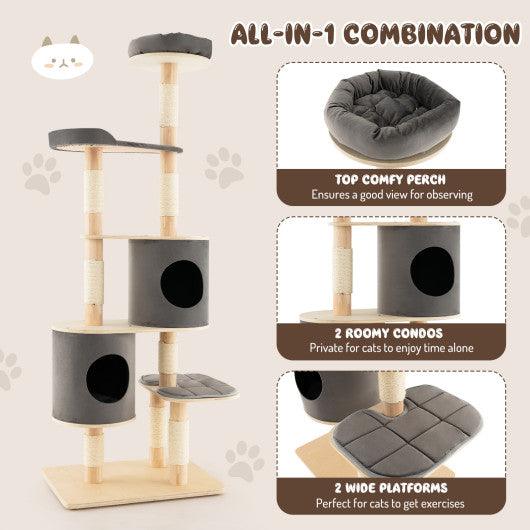 6-Tier Wooden Cat Tree with 2 Removeable Condos Platforms and Perch-Gray at Set Shop and Smile