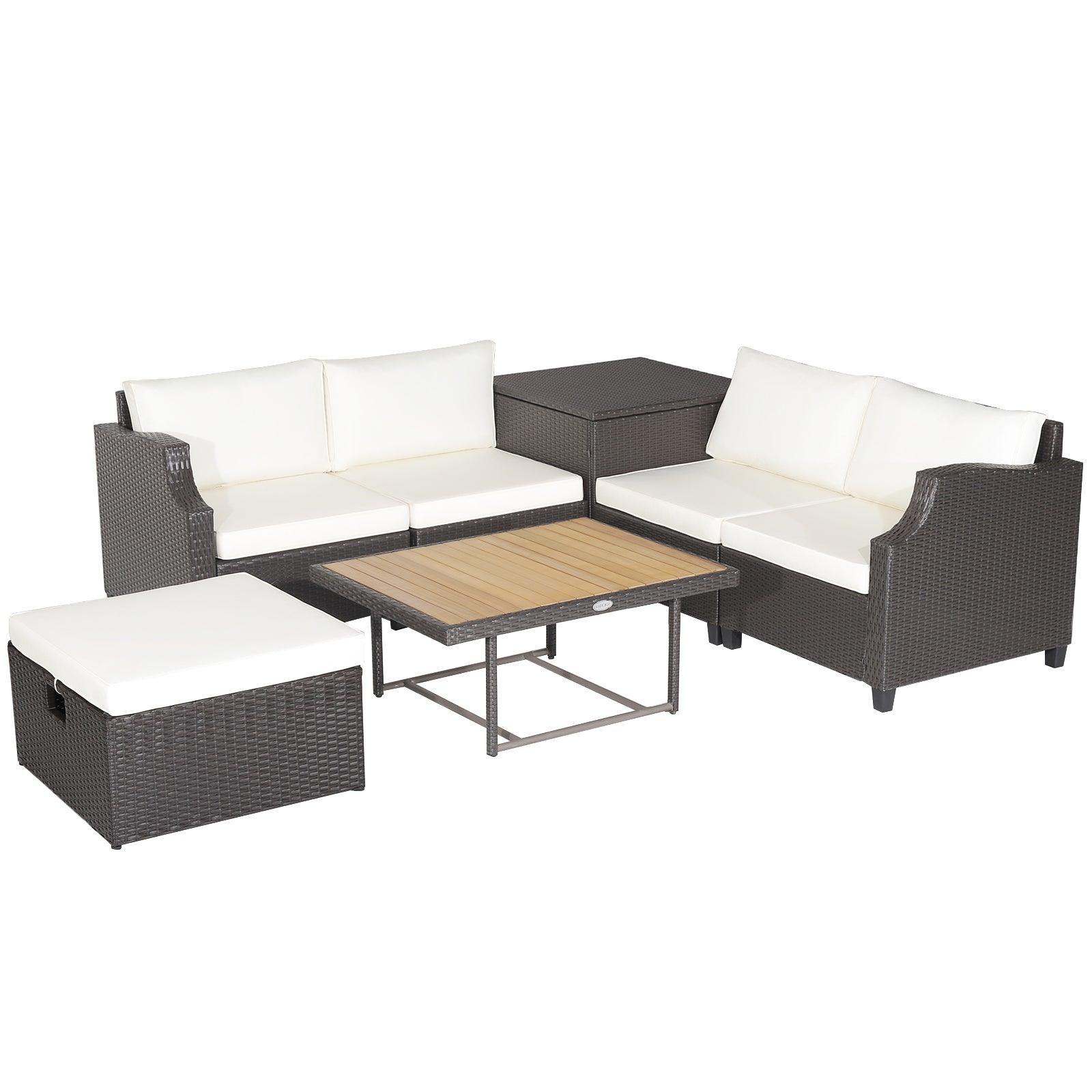 7 Pieces Hand-Woven Wicker Outdoor Furniture Set with Acacia Wood Coffee Table-White at Set Shop and Smile
