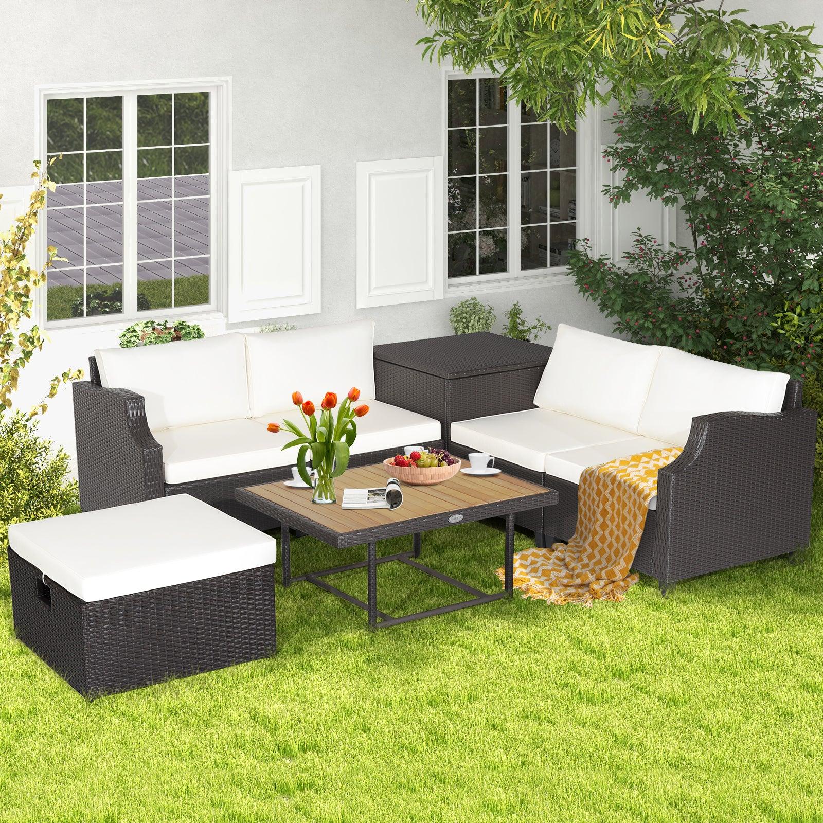 7 Pieces Hand-Woven Wicker Outdoor Furniture Set with Acacia Wood Coffee Table-White at Set Shop and Smile