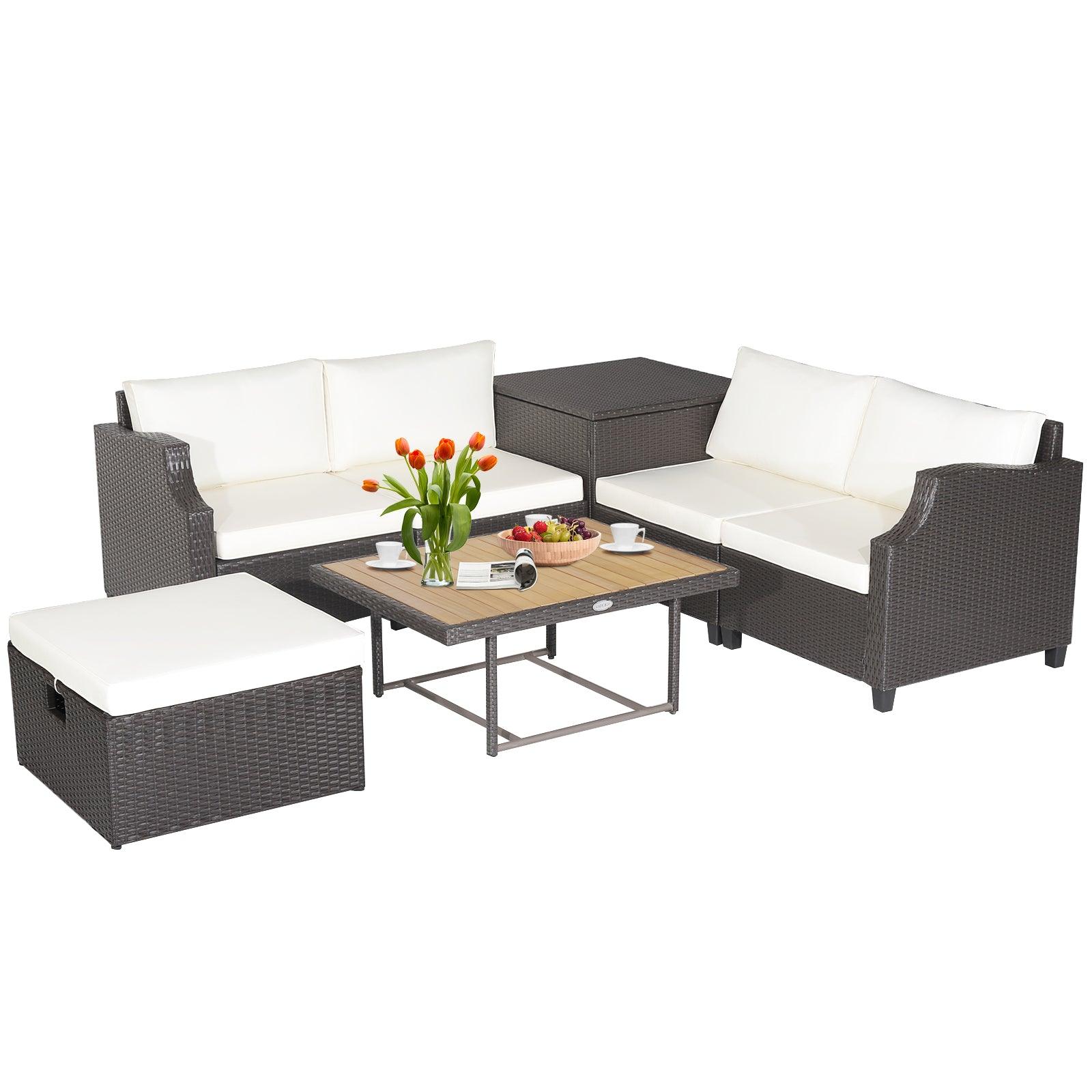 7 Pieces Hand-Woven Wicker Outdoor Furniture Set with Acacia Wood Coffee Table-White at Set Shop and Smile