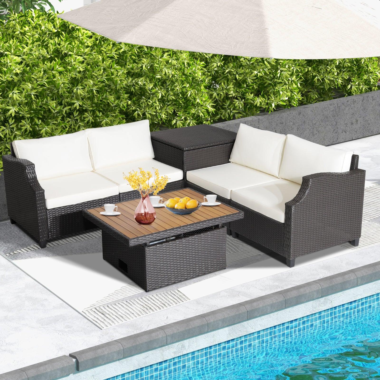 7 Pieces Hand-Woven Wicker Outdoor Furniture Set with Acacia Wood Coffee Table-White at Set Shop and Smile