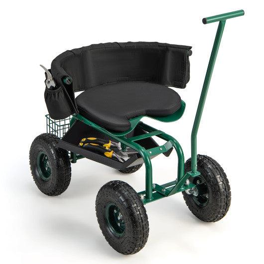 Rolling Garden Cart with Height Adjustable Swivel Seat and Storage Basket-Green at Set Shop and Smile