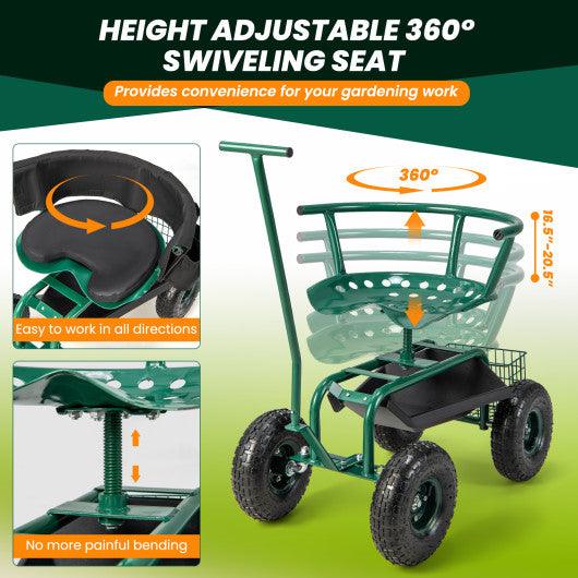 Rolling Garden Cart with Height Adjustable Swivel Seat and Storage Basket-Green at Set Shop and Smile