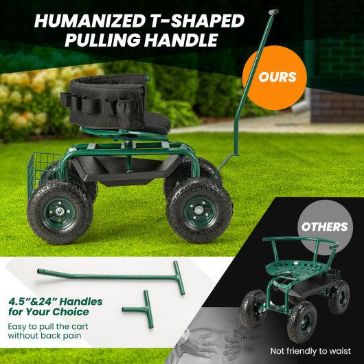 Rolling Garden Cart with Height Adjustable Swivel Seat and Storage Basket-Green at Set Shop and Smile
