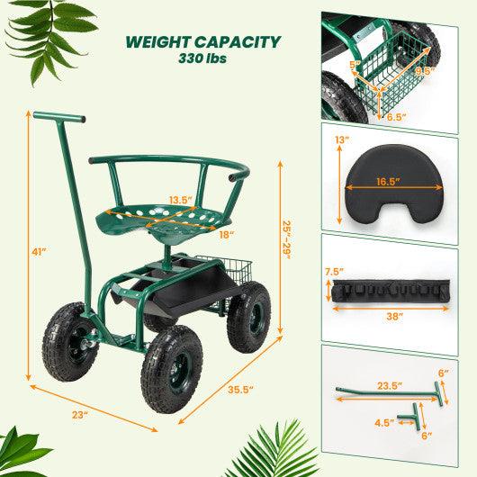 Rolling Garden Cart with Height Adjustable Swivel Seat and Storage Basket-Green at Set Shop and Smile