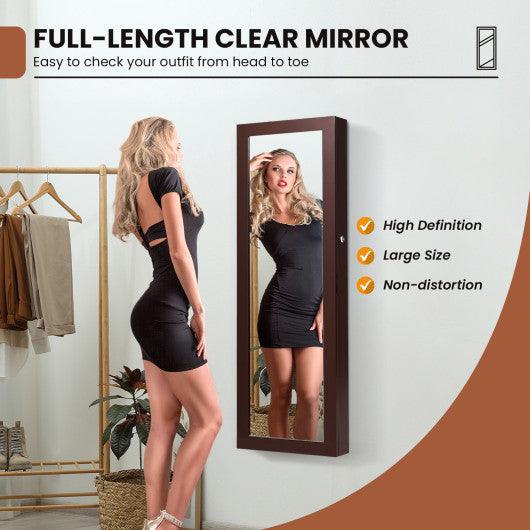 Lockable Wall Mount Mirrored Jewelry Cabinet with LED Lights-Brown at Set Shop and Smile
