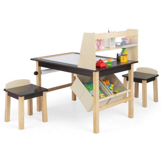 Kids Art Table and Chairs Set with Paper Roll and Storage Bins-Coffee at Set Shop and Smile