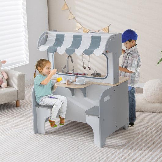 Double Sided Kids Pretend Kitchen Playset with 2-Seat Cafe-Gray at Set Shop and Smile