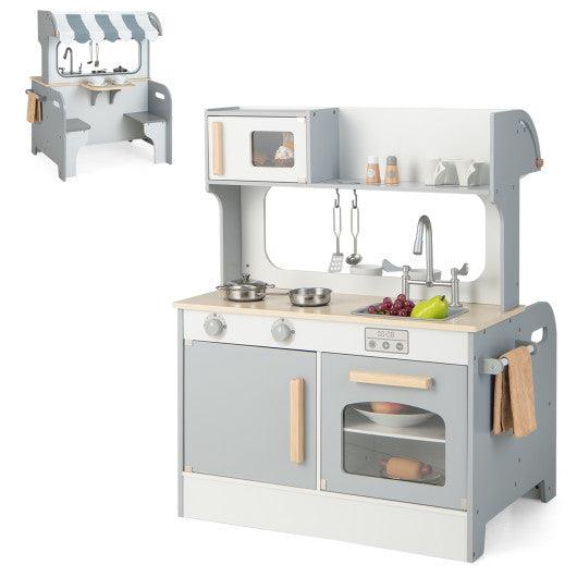 Double Sided Kids Pretend Kitchen Playset with 2-Seat Cafe-Gray at Set Shop and Smile