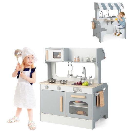 Double Sided Kids Pretend Kitchen Playset with 2-Seat Cafe-Gray at Set Shop and Smile
