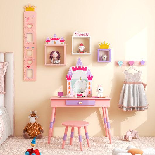 Kids Princess Vanity Table and Stool Set with Drawer and Mirror-Pink at Set Shop and Smile