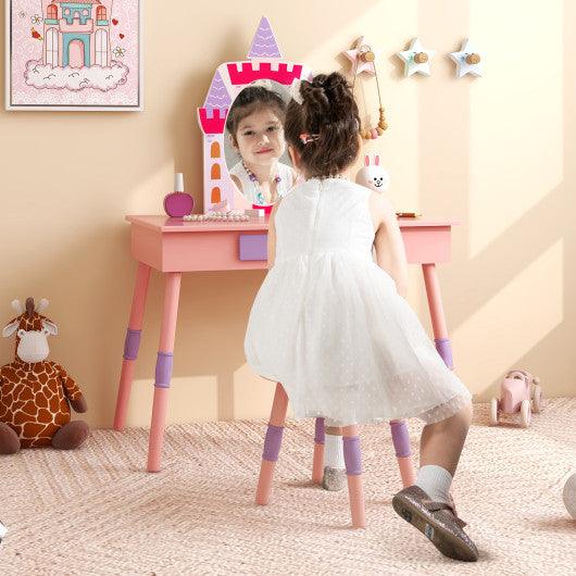 Kids Princess Vanity Table and Stool Set with Drawer and Mirror-Pink at Set Shop and Smile