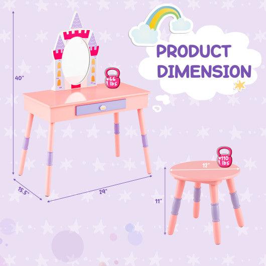 Kids Princess Vanity Table and Stool Set with Drawer and Mirror-Pink at Set Shop and Smile