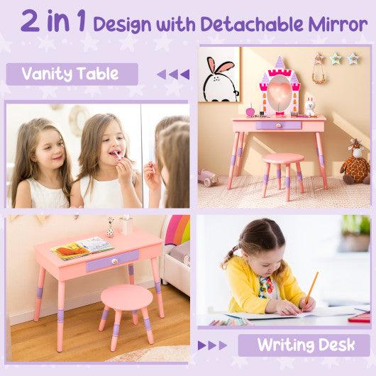 Kids Princess Vanity Table and Stool Set with Drawer and Mirror-Pink at Set Shop and Smile
