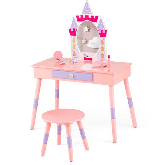 Kids Princess Vanity Table and Stool Set with Drawer and Mirror-Pink at Set Shop and Smile