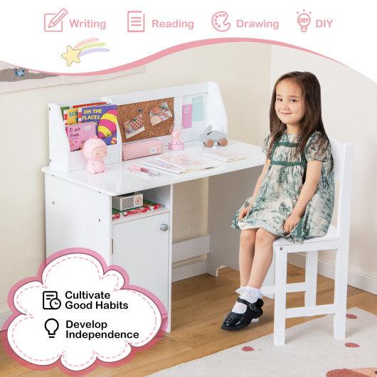 Wooden Kids Study Desk and Chair Set with Storage Cabinet and Bulletin Board-White at Set Shop and Smile