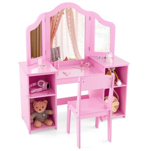 Kids Vanity Table and Chair Set with Removable Tri-Folding Mirror-Pink at Set Shop and Smile