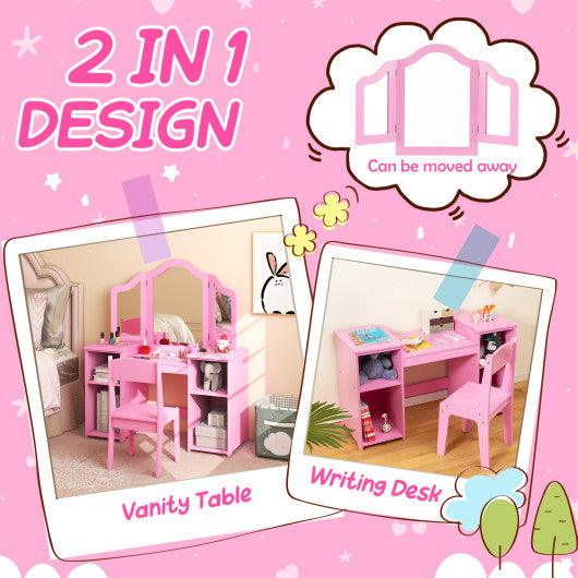 Kids Vanity Table and Chair Set with Removable Tri-Folding Mirror-Pink at Set Shop and Smile