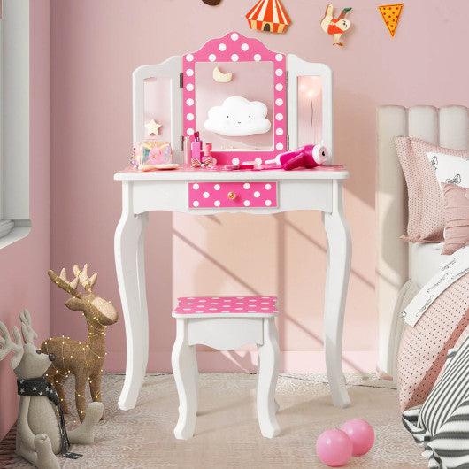 Kids Vanity Table and Stool Set with Cute Polka Dot Print-Pink at Set Shop and Smile