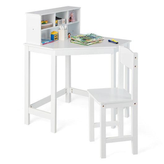 Kids Wooden Corner Desk and Chair Set with Hutch and Storage-White at Set Shop and Smile
