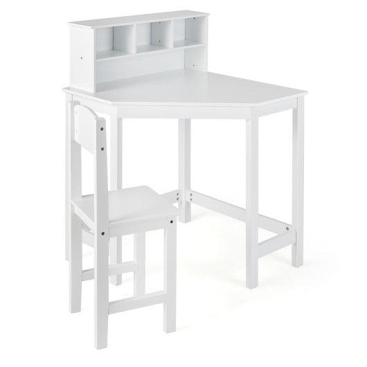 Kids Wooden Corner Desk and Chair Set with Hutch and Storage-White at Set Shop and Smile