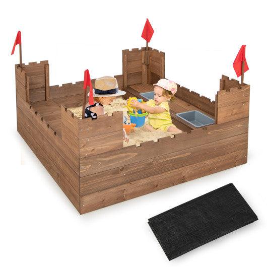 Kids Wooden Sandbox with Bottom Liner and Red Flags at Set Shop and Smile