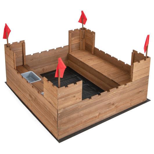Kids Wooden Sandbox with Bottom Liner and Red Flags at Set Shop and Smile
