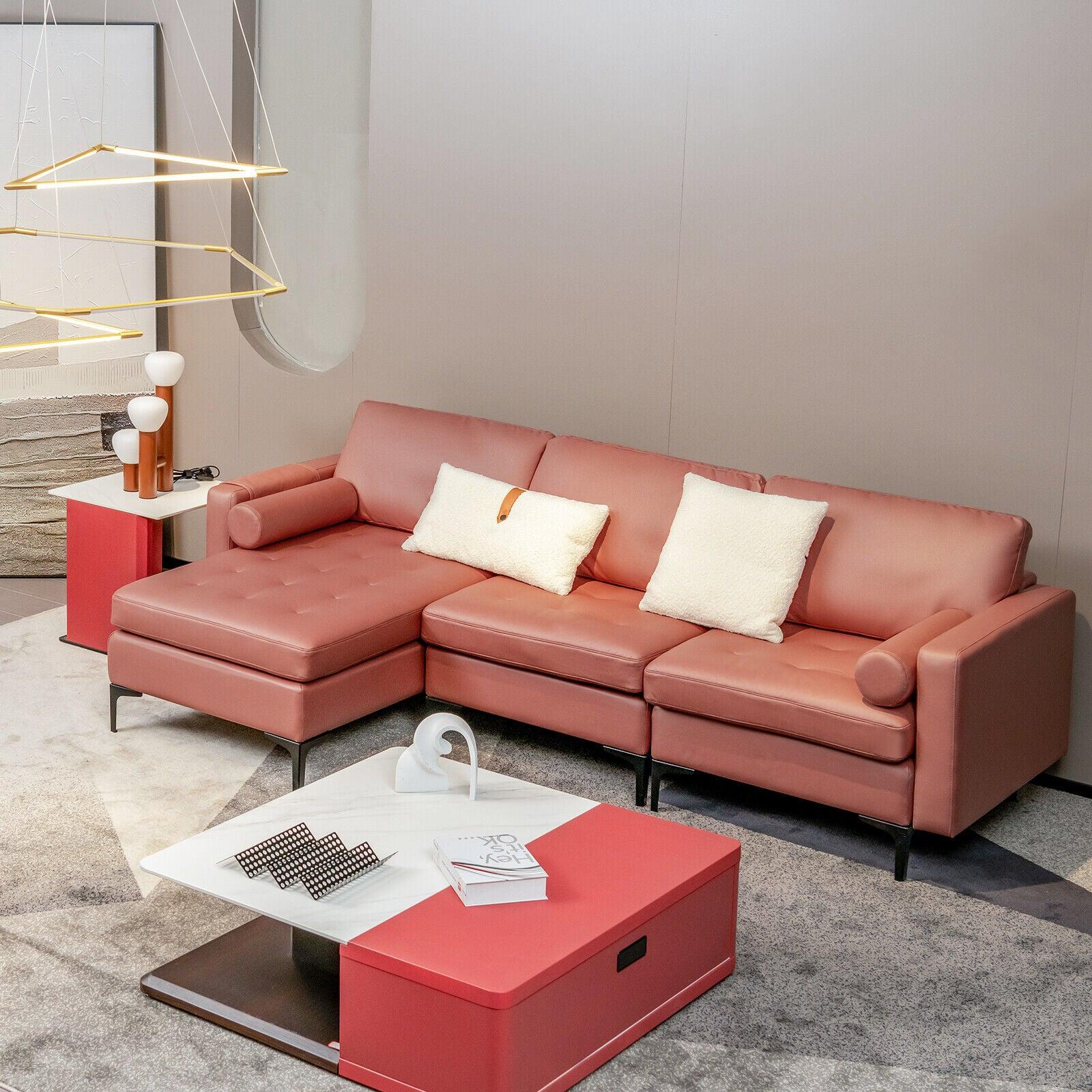 Modular L-shaped Sectional Sofa with Reversible Chaise and 2 USB Ports-Pink at Set Shop and Smile