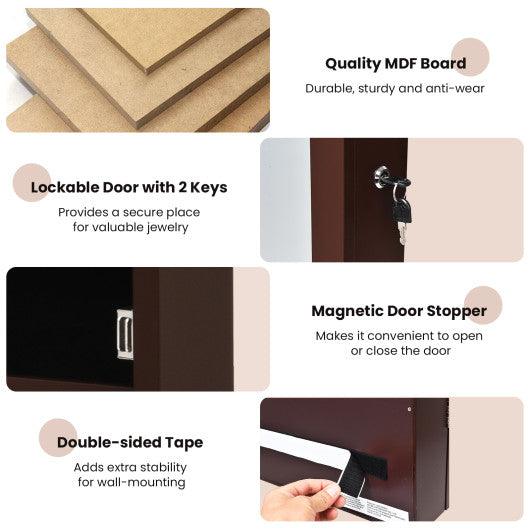 Lockable Wall Mount Mirrored Jewelry Cabinet with LED Lights-Brown at Set Shop and Smile