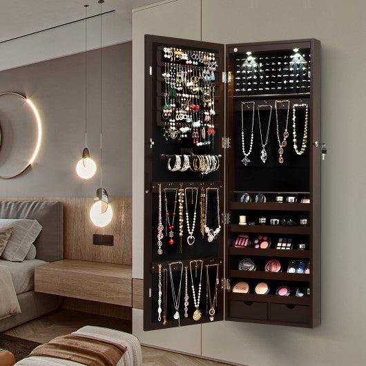 Lockable Wall Mount Mirrored Jewelry Cabinet with LED Lights-Brown at Set Shop and Smile