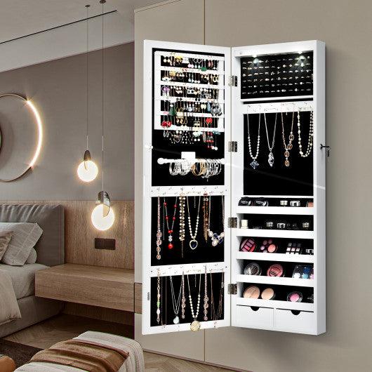 Lockable Wall Mount Mirrored Jewelry Cabinet with LED Lights-White at Set Shop and Smile