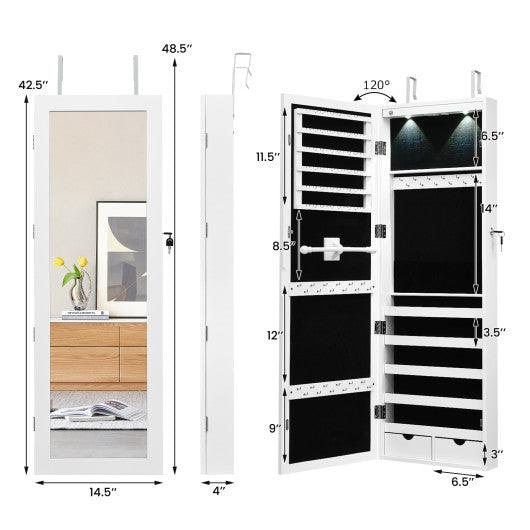 Lockable Wall Mount Mirrored Jewelry Cabinet with LED Lights-White at Set Shop and Smile