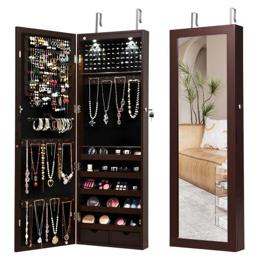 Lockable Wall Mount Mirrored Jewelry Cabinet with LED Lights-Brown at Set Shop and Smile