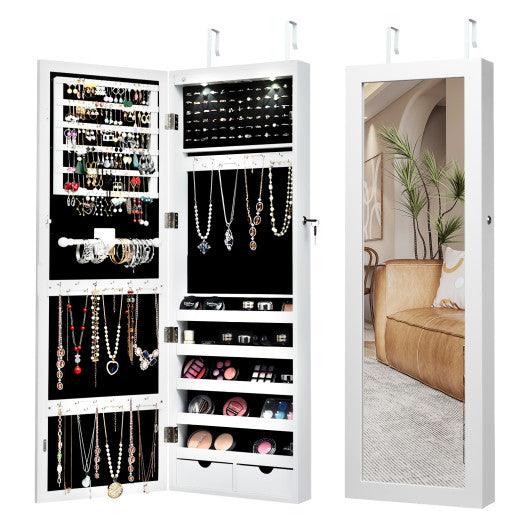 Lockable Wall Mount Mirrored Jewelry Cabinet with LED Lights-White at Set Shop and Smile