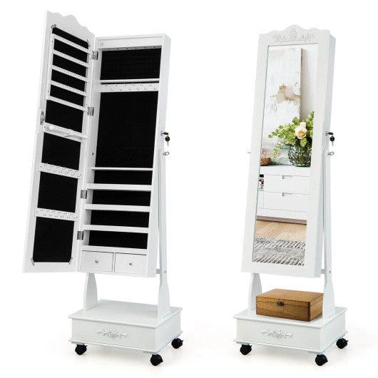 Rolling Floor Standing Mirrored Jewelry Armoire with Lock and Drawers-White at Set Shop and Smile