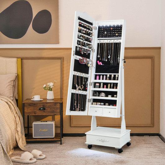 Rolling Floor Standing Mirrored Jewelry Armoire with Lock and Drawers-White at Set Shop and Smile