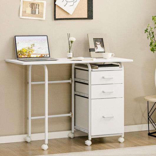 Home Office Folding Computer Laptop Desk Wheeled with 3 Drawers-White at Set Shop and Smile