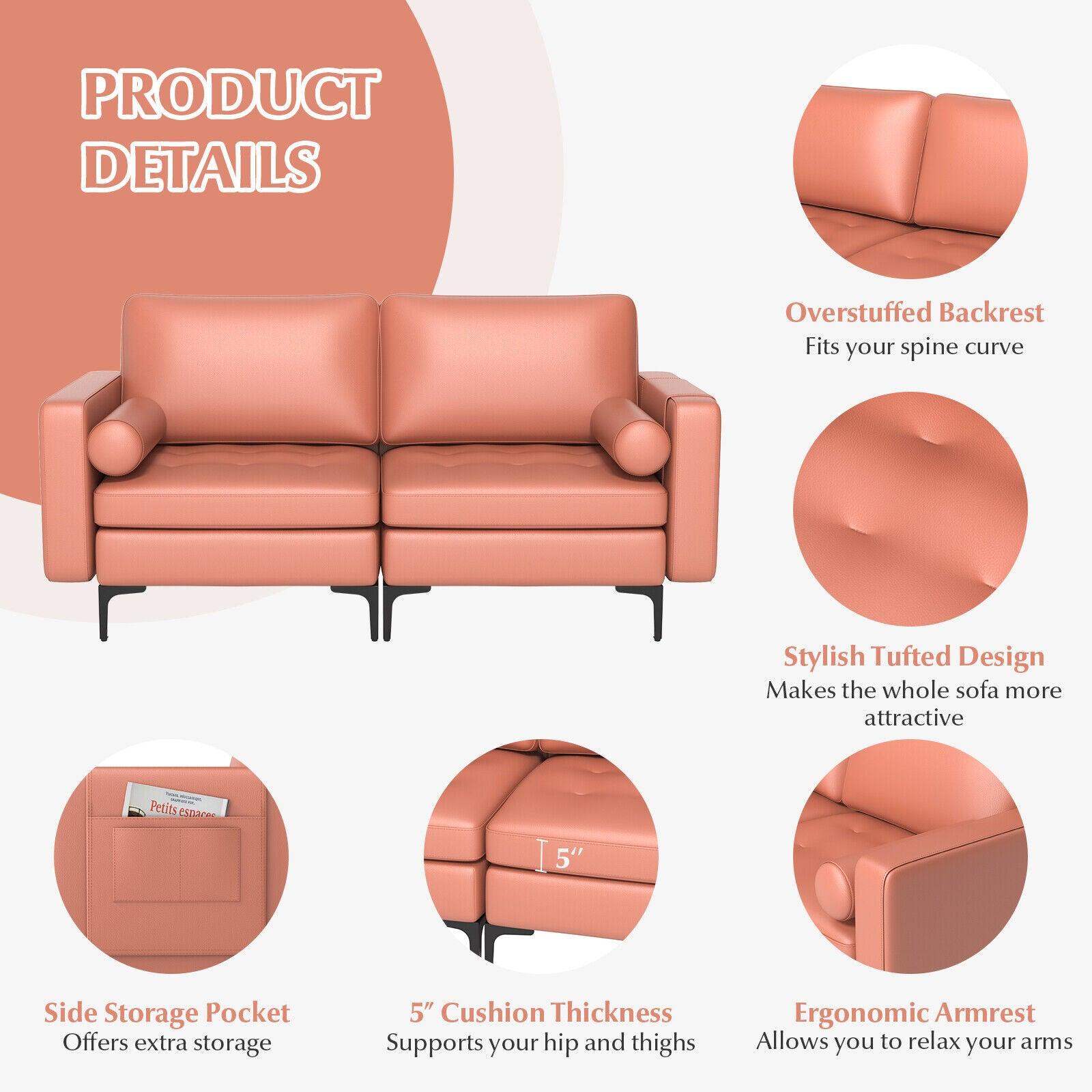 Modern Loveseat Sofa with 2 Bolsters and Side Storage Pocket-Pink at Set Shop and Smile