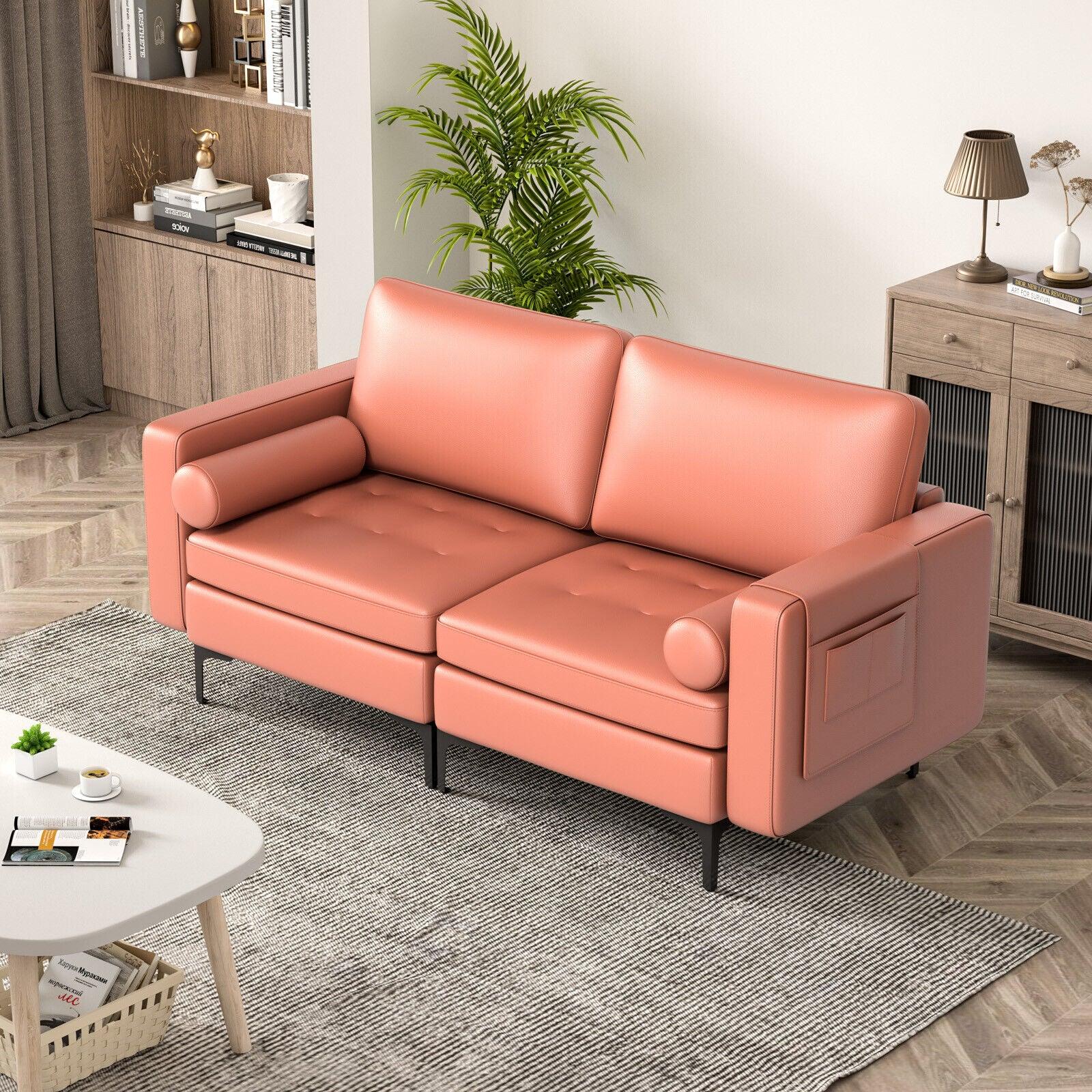 Modern Loveseat Sofa with 2 Bolsters and Side Storage Pocket-Pink at Set Shop and Smile