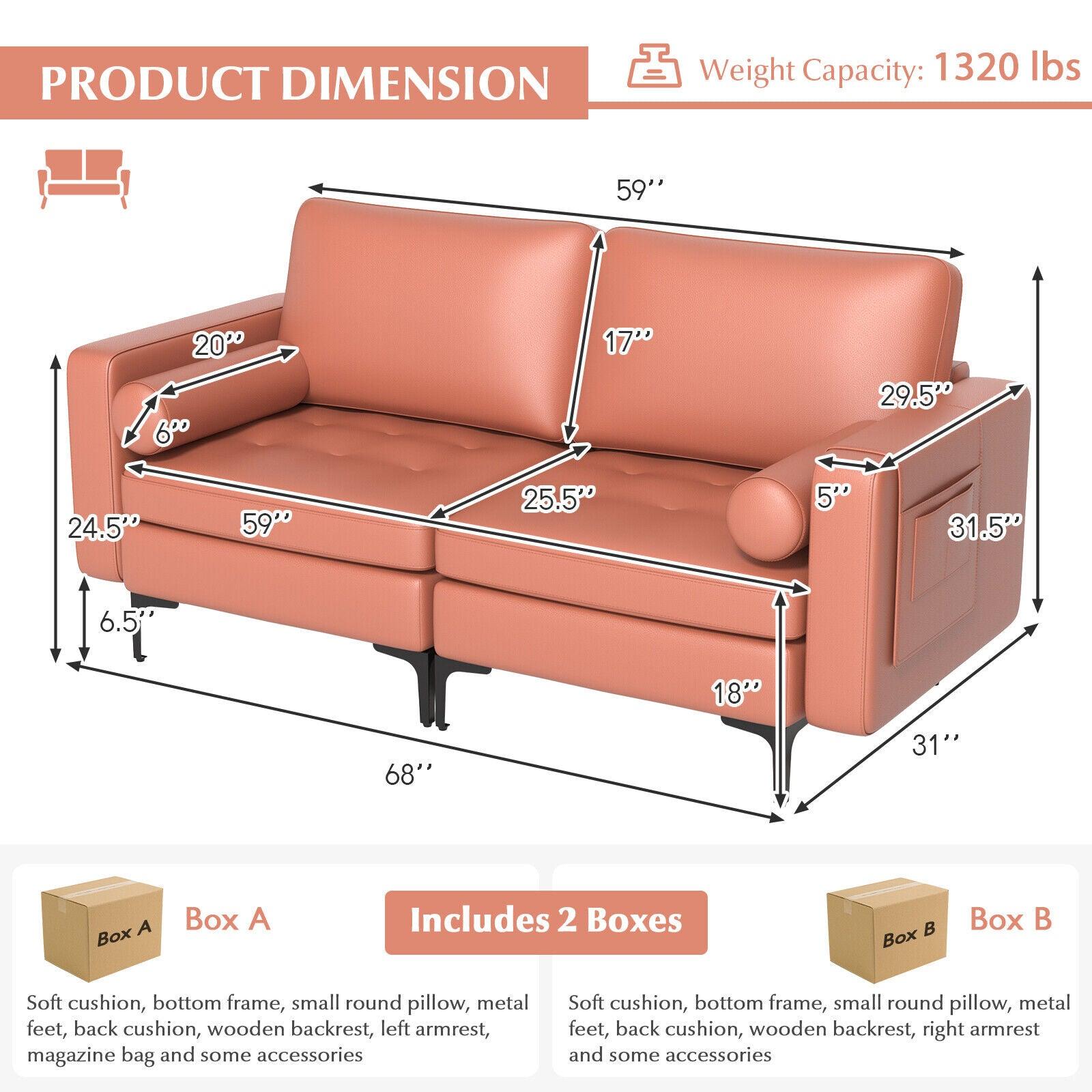 Modern Loveseat Sofa with 2 Bolsters and Side Storage Pocket-Pink at Set Shop and Smile