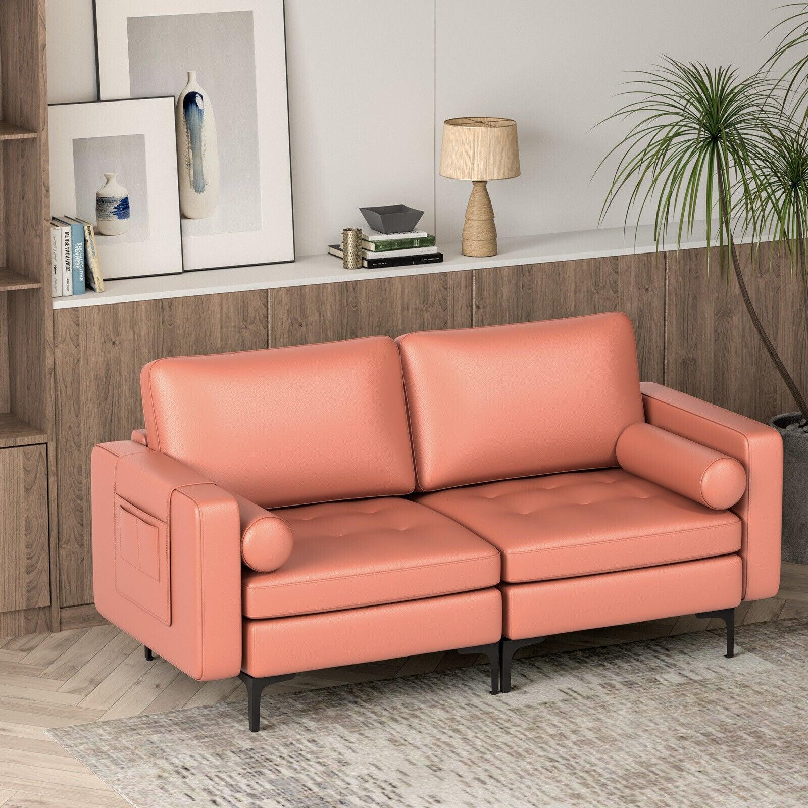 Modern Loveseat Sofa with 2 Bolsters and Side Storage Pocket-Pink at Set Shop and Smile