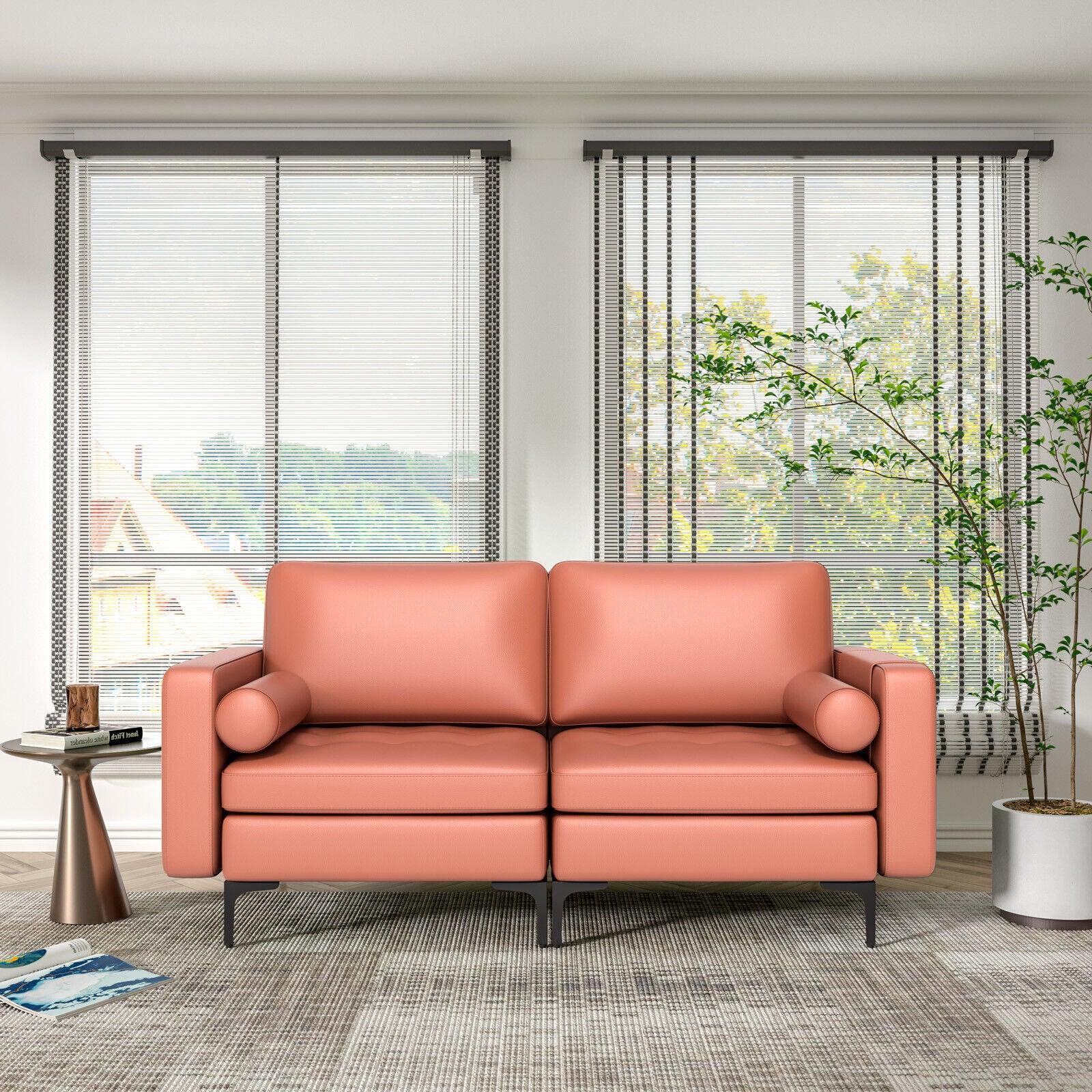 Modern Loveseat Sofa with 2 Bolsters and Side Storage Pocket-Pink at Set Shop and Smile