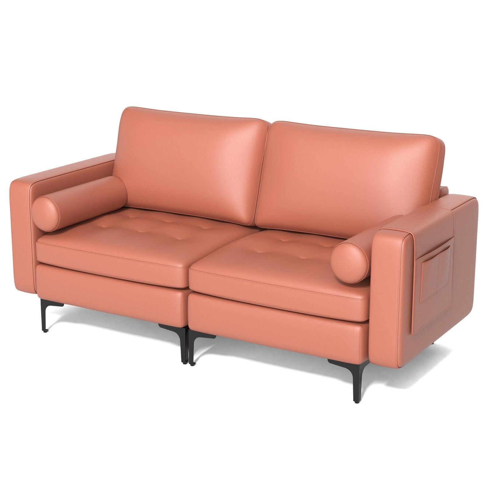 Modern Loveseat Sofa with 2 Bolsters and Side Storage Pocket-Pink at Set Shop and Smile