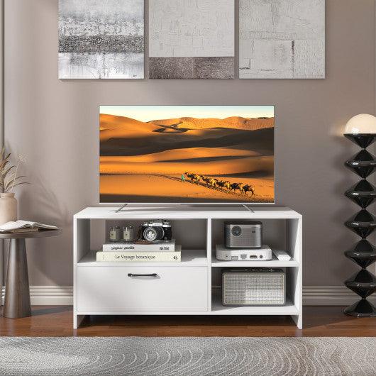 Modern Media Console Table with 3 Open Compartments and 1 Storage Drawer-White at Set Shop and Smile