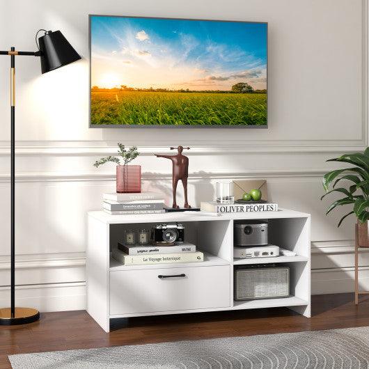 Modern Media Console Table with 3 Open Compartments and 1 Storage Drawer-White at Set Shop and Smile