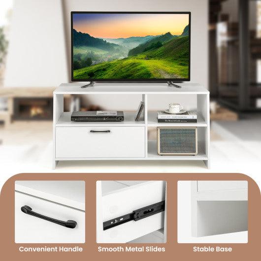 Modern Media Console Table with 3 Open Compartments and 1 Storage Drawer-White at Set Shop and Smile