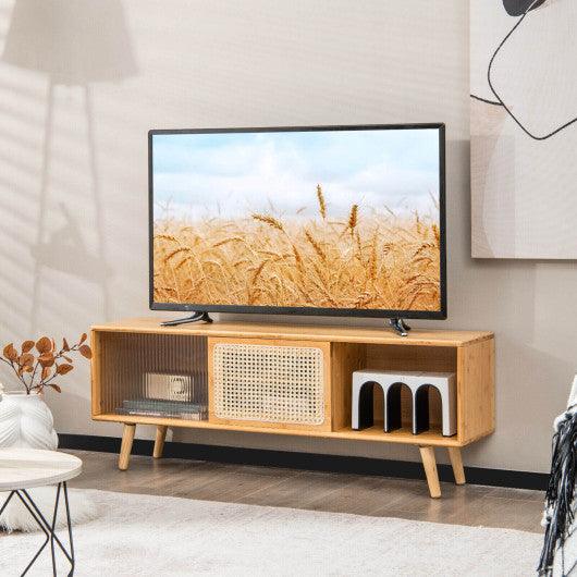 Modern TV Stand with Rattan Glass Sliding Doors-Natural at Set Shop and Smile
